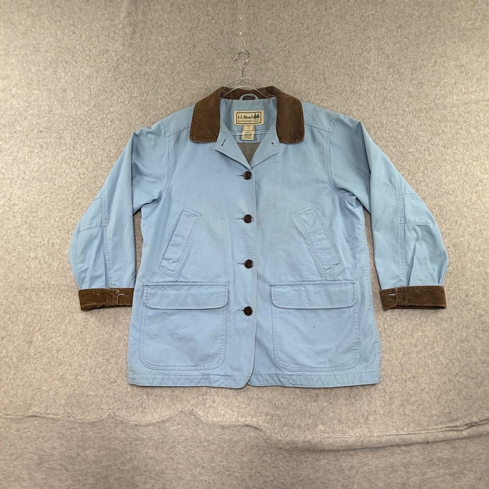 LL Bean Barn Coat Womens L Pet Light Blue Corduroy Trim Canvas Utility Jacket